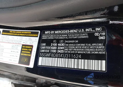 2019 Mercedes-Benz C 300 из США, поврежденный, VIN 55SWF8DB5KU311624